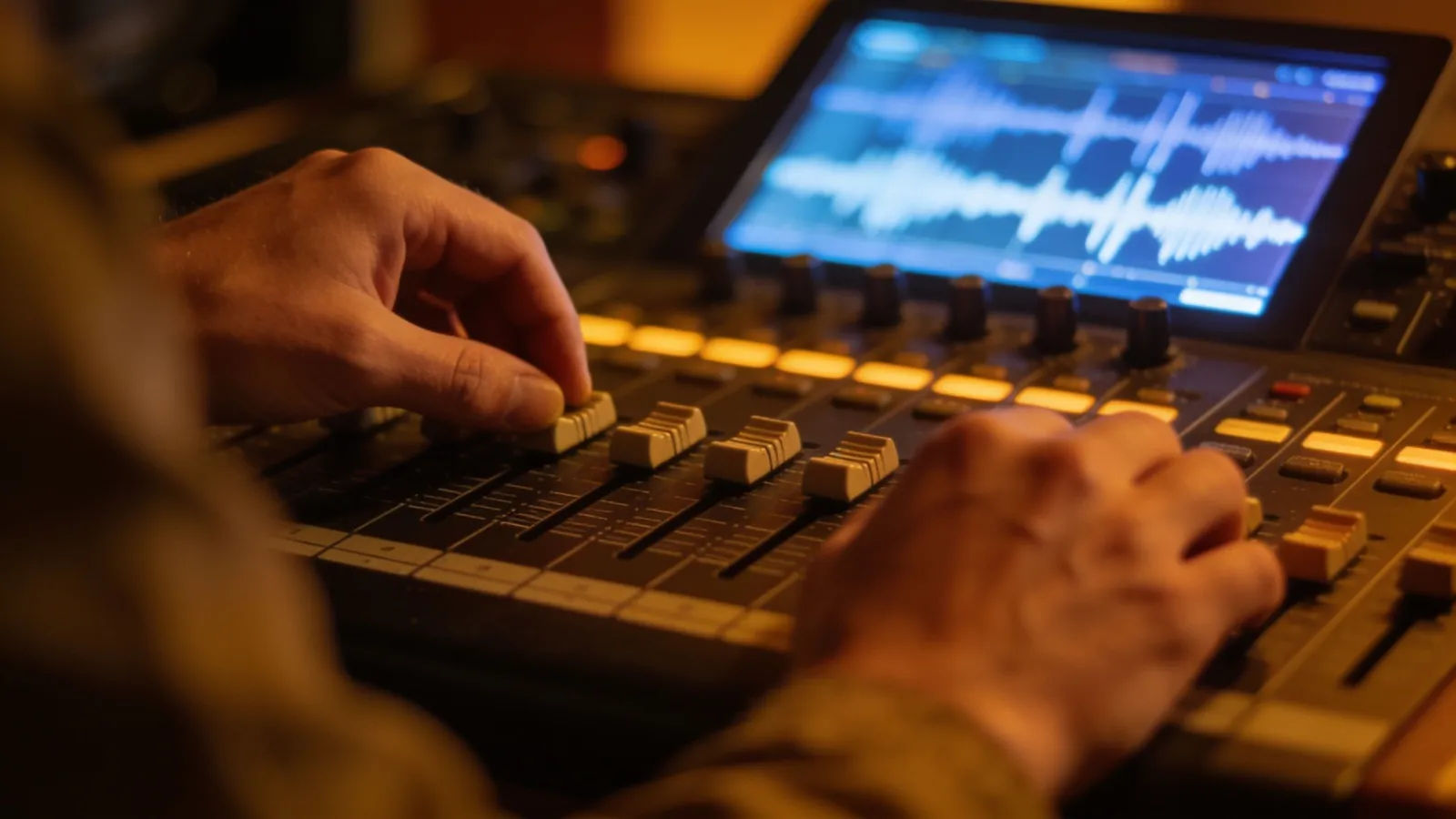 Hands at an audio console, warm waveform glow
