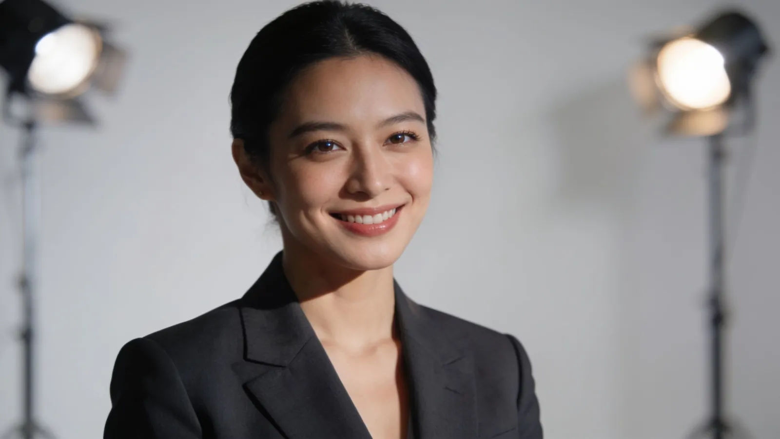 Poised professional host in blazer, polished studio portrait