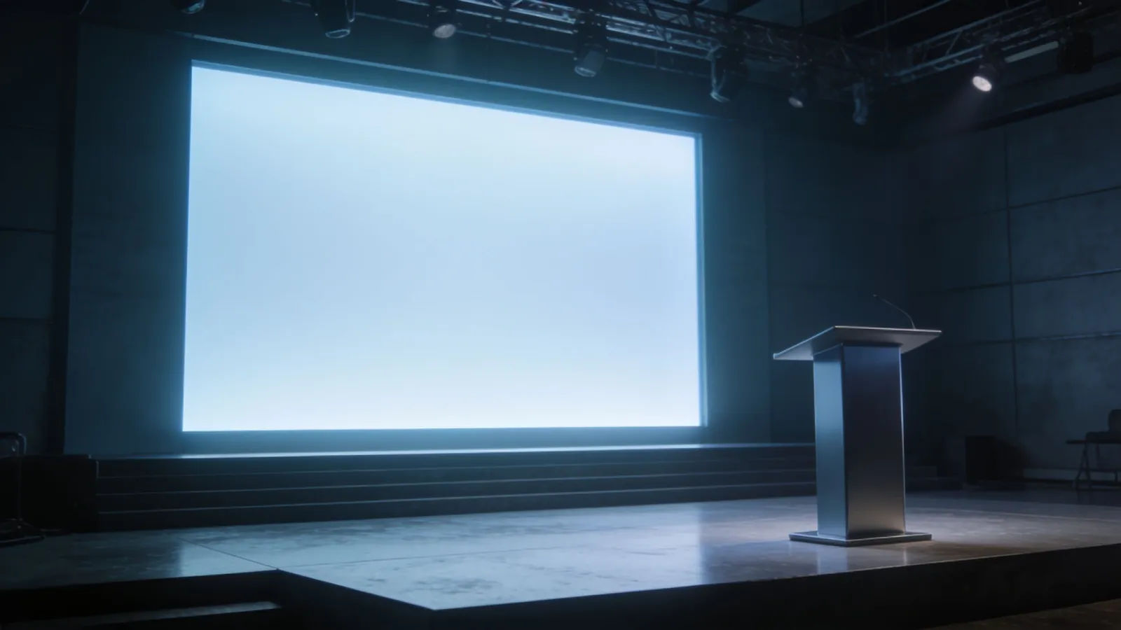 Modern webinar stage with glowing screen and lectern
