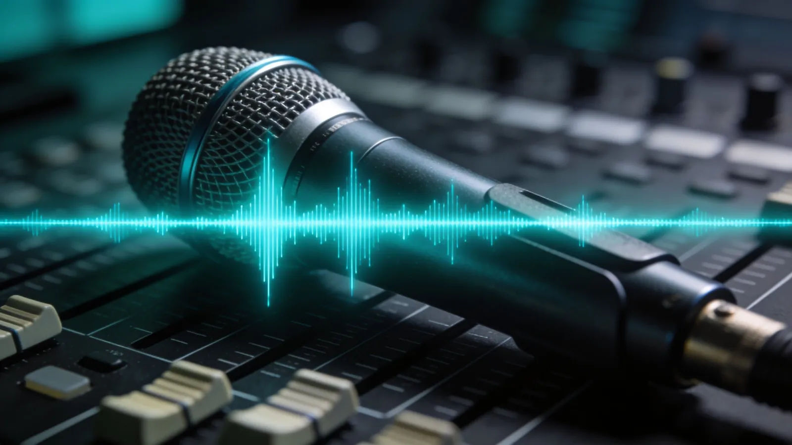 Crisp teal waveform across a sleek broadcast microphone