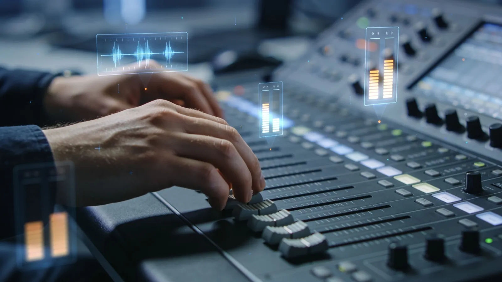 Hands on broadcast console with glowing level meters