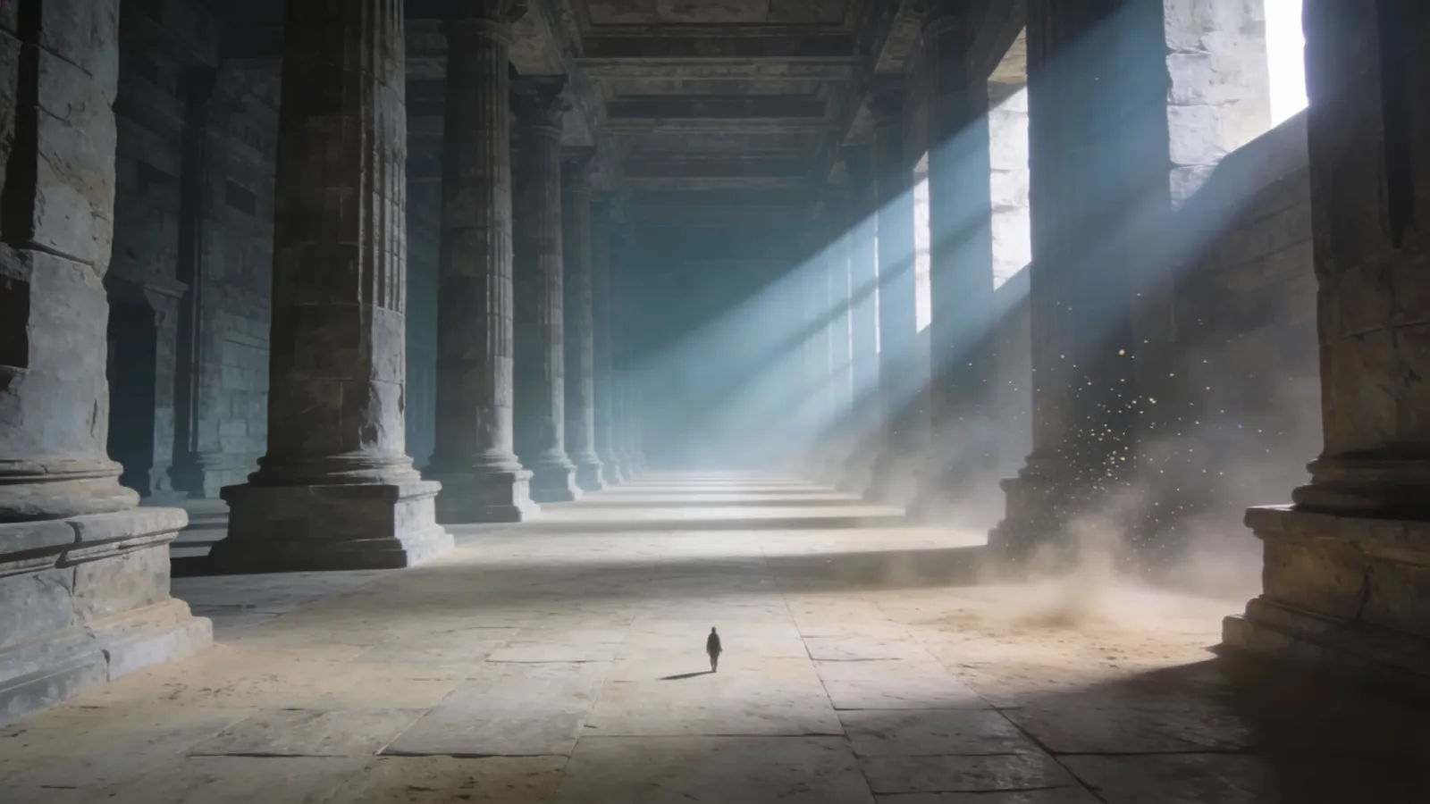 Vast ancient stone hall with light shafts