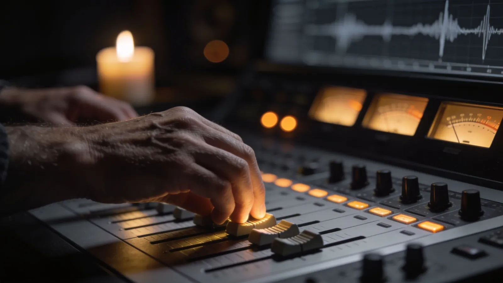 Weathered hands at console in candlelit studio