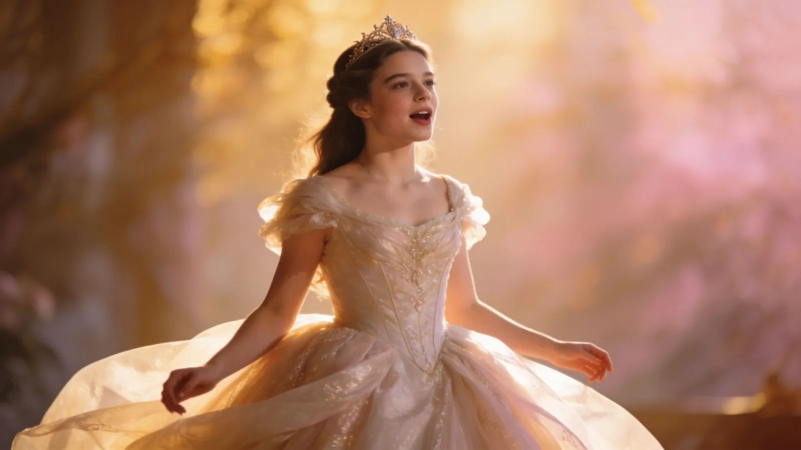 Graceful young royal in gown, golden cinematic portrait