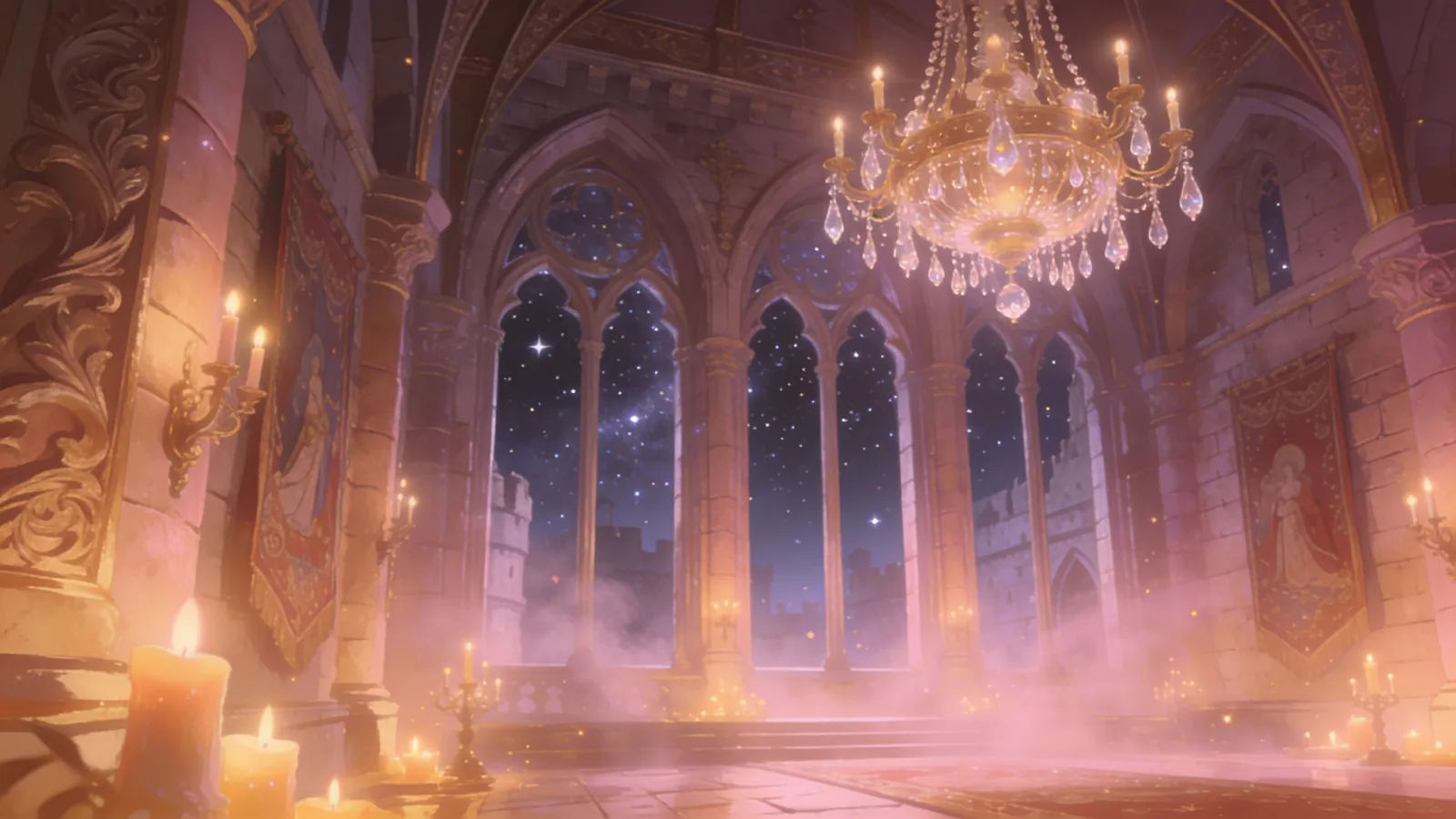 Ornate fairytale castle hall with warm candlelight