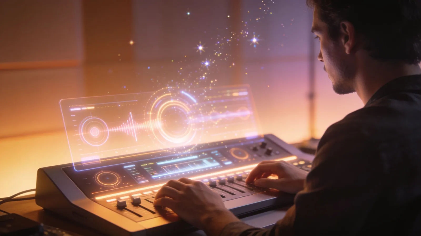 Hands at console with audio UI and sparkle