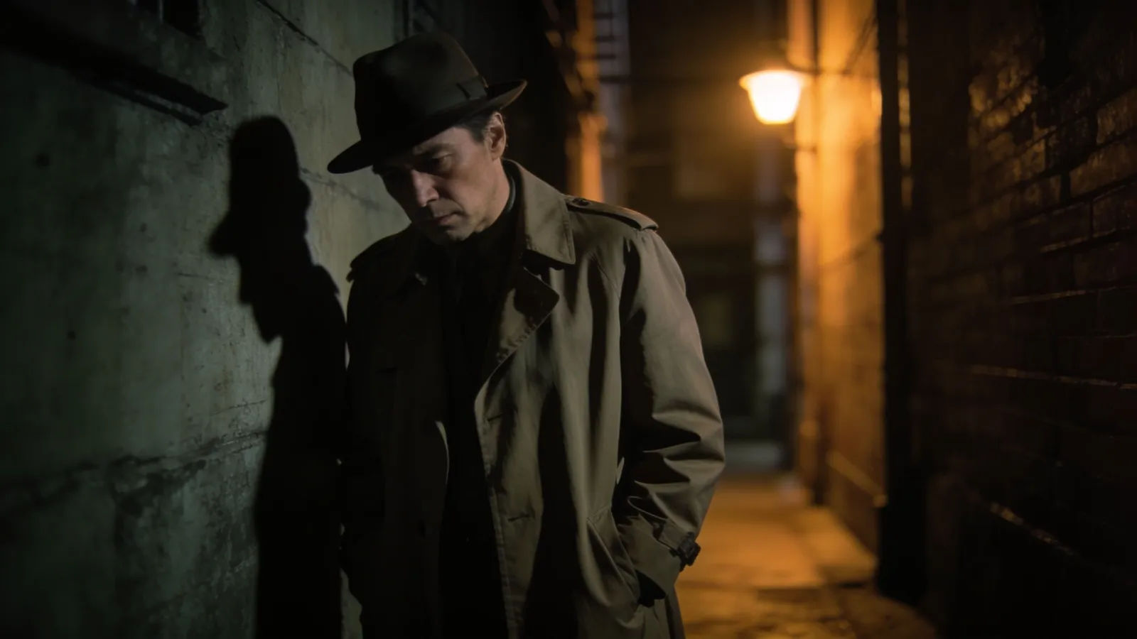World-weary detective in trench coat and hat, noir portrait