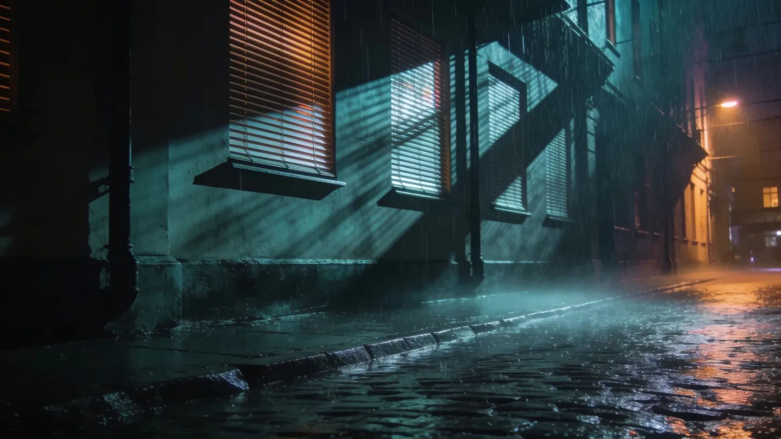 Rain-slicked noir city alley at night, neon reflections