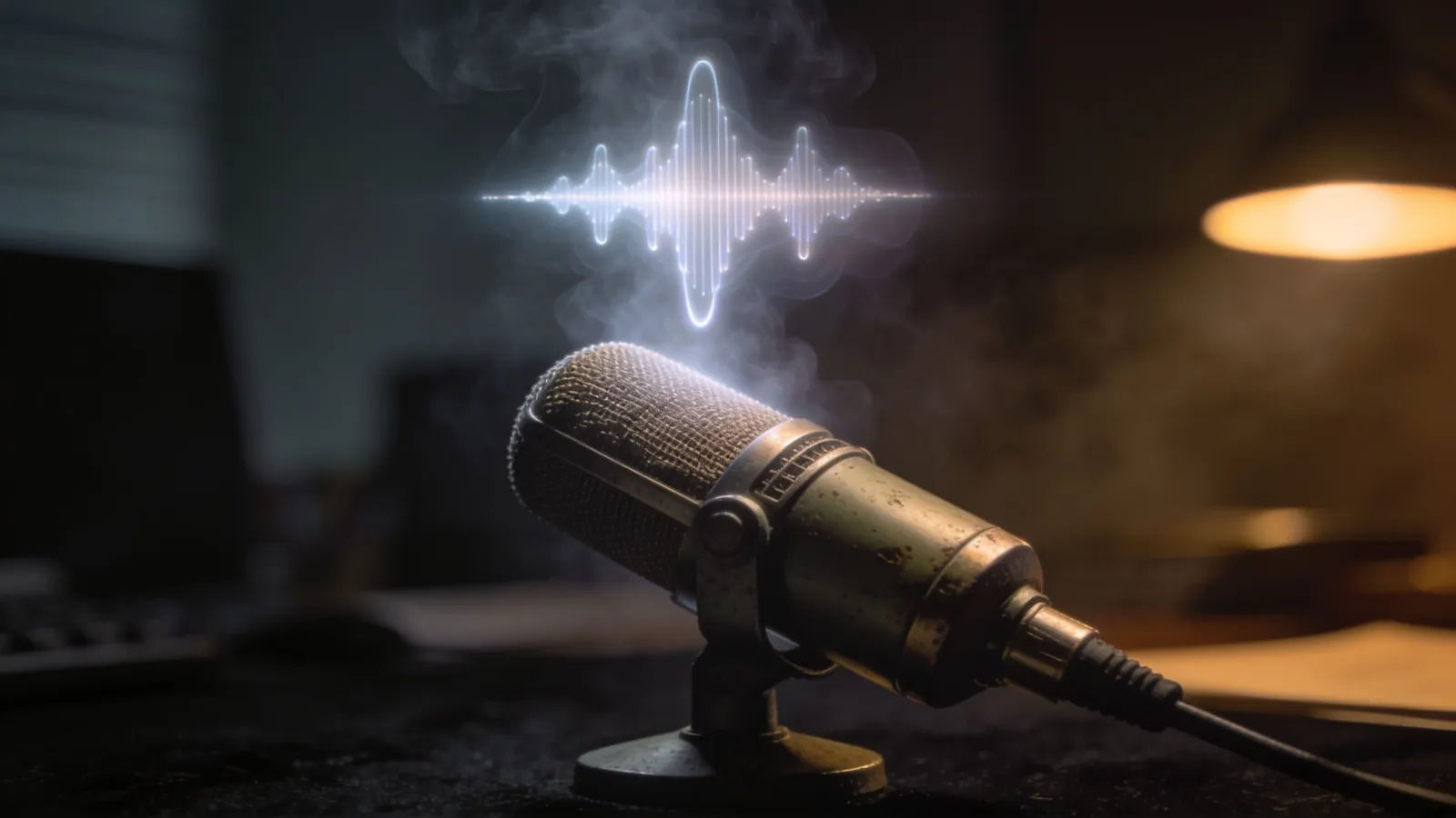 Vintage desk microphone with drifting waveform in haze
