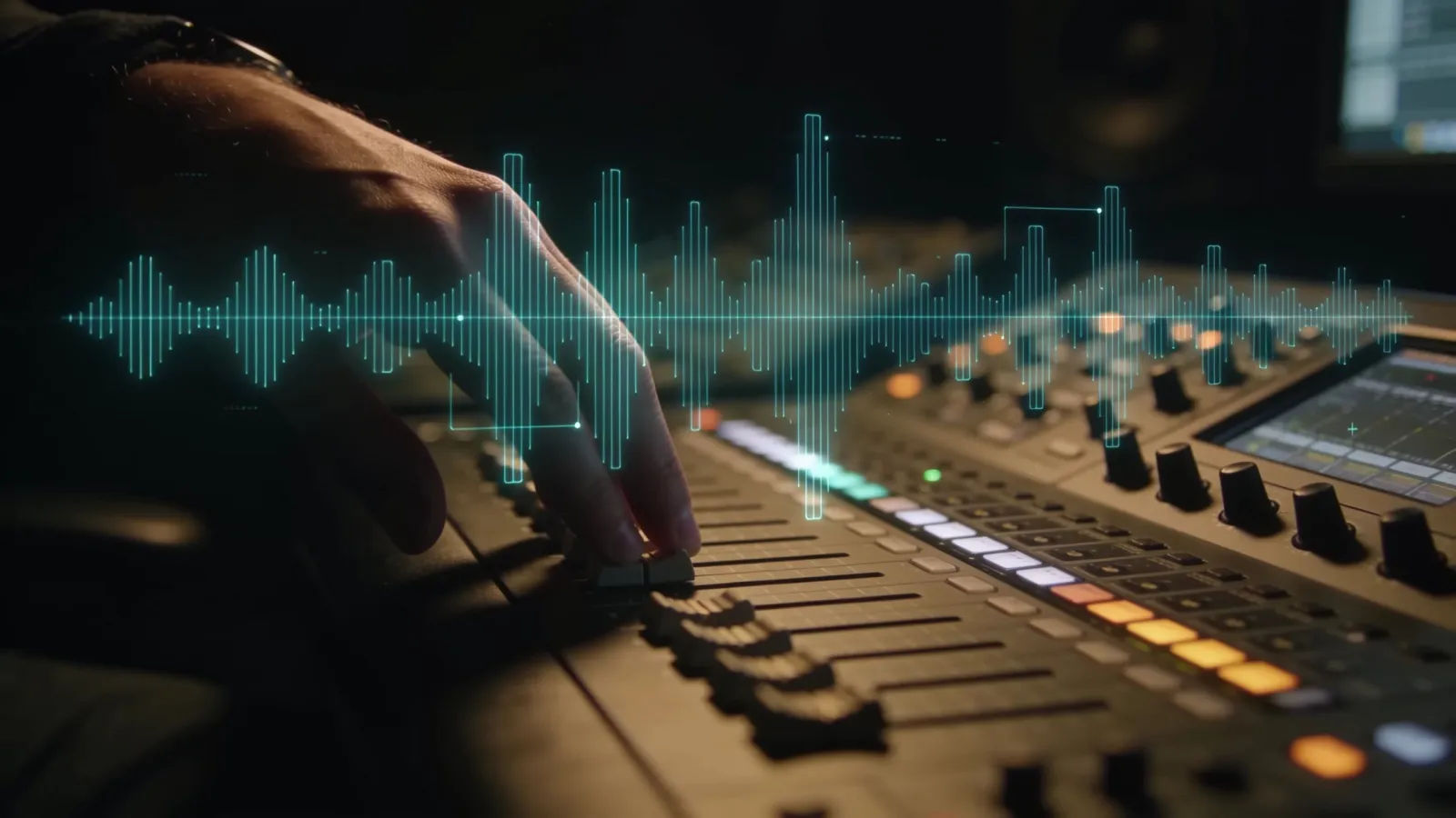 Hands at a dark audio console, low-key noir light