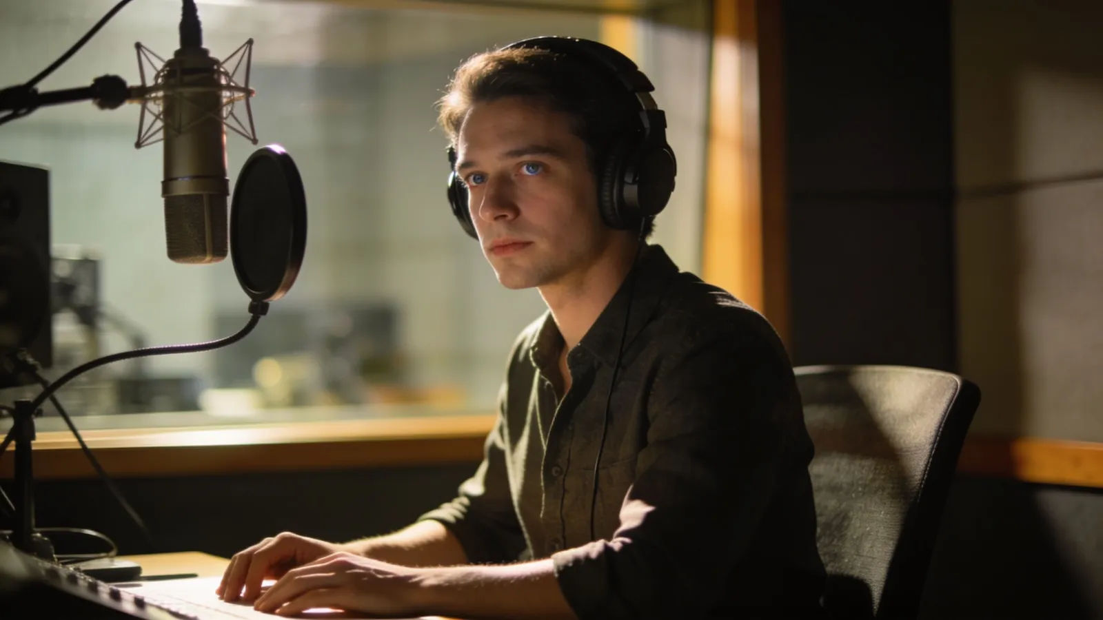 Poised narrator in headphones inside a recording booth