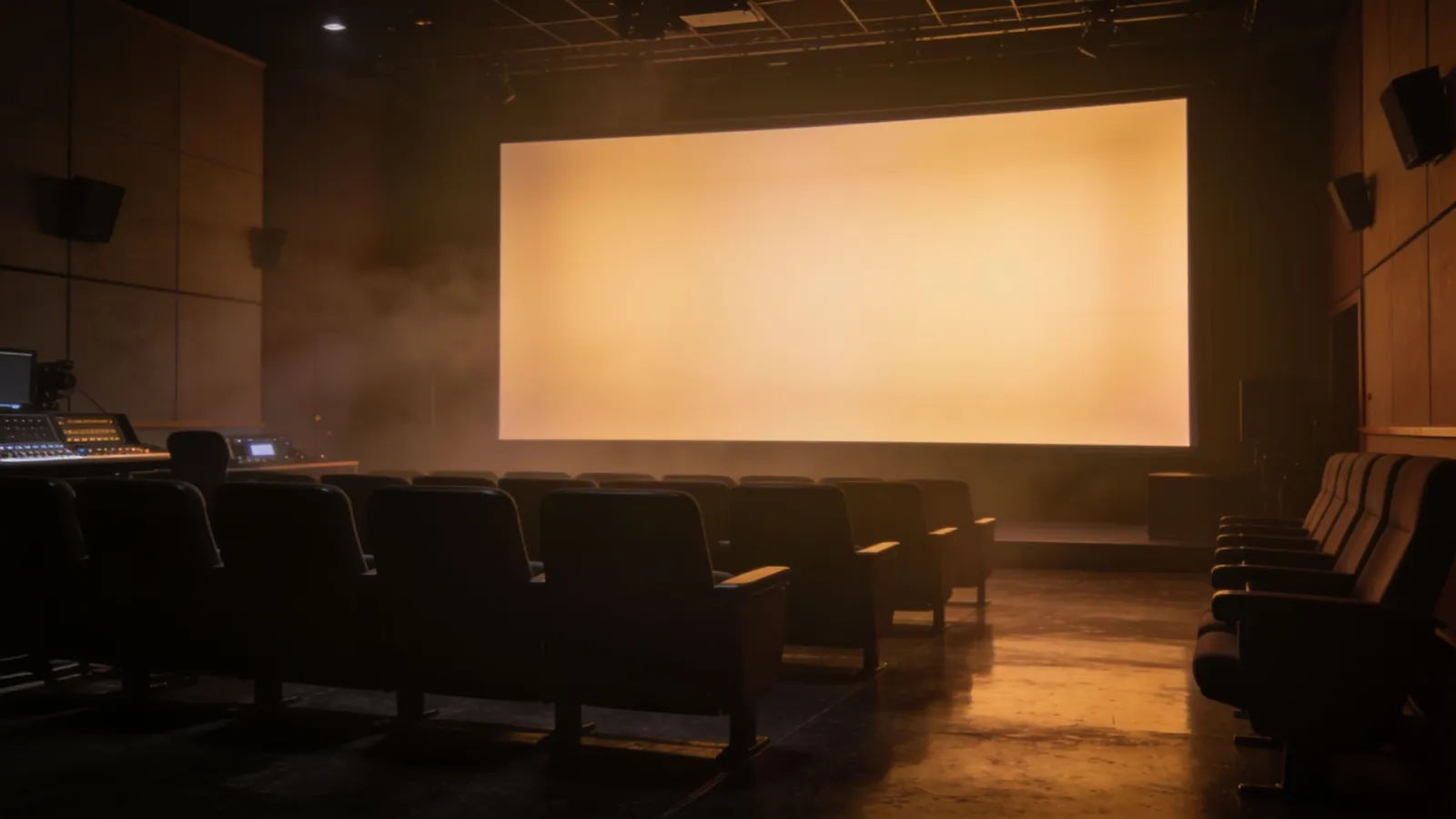 Warm documentary screening room with glowing blank screen