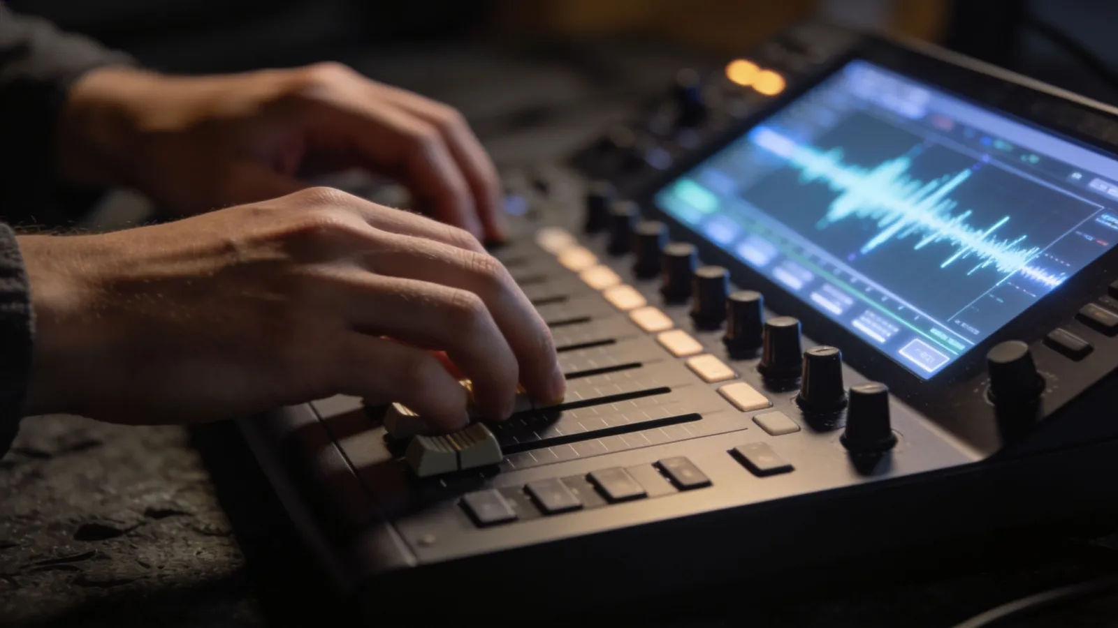Hands at a sleek audio workstation with waveform UI