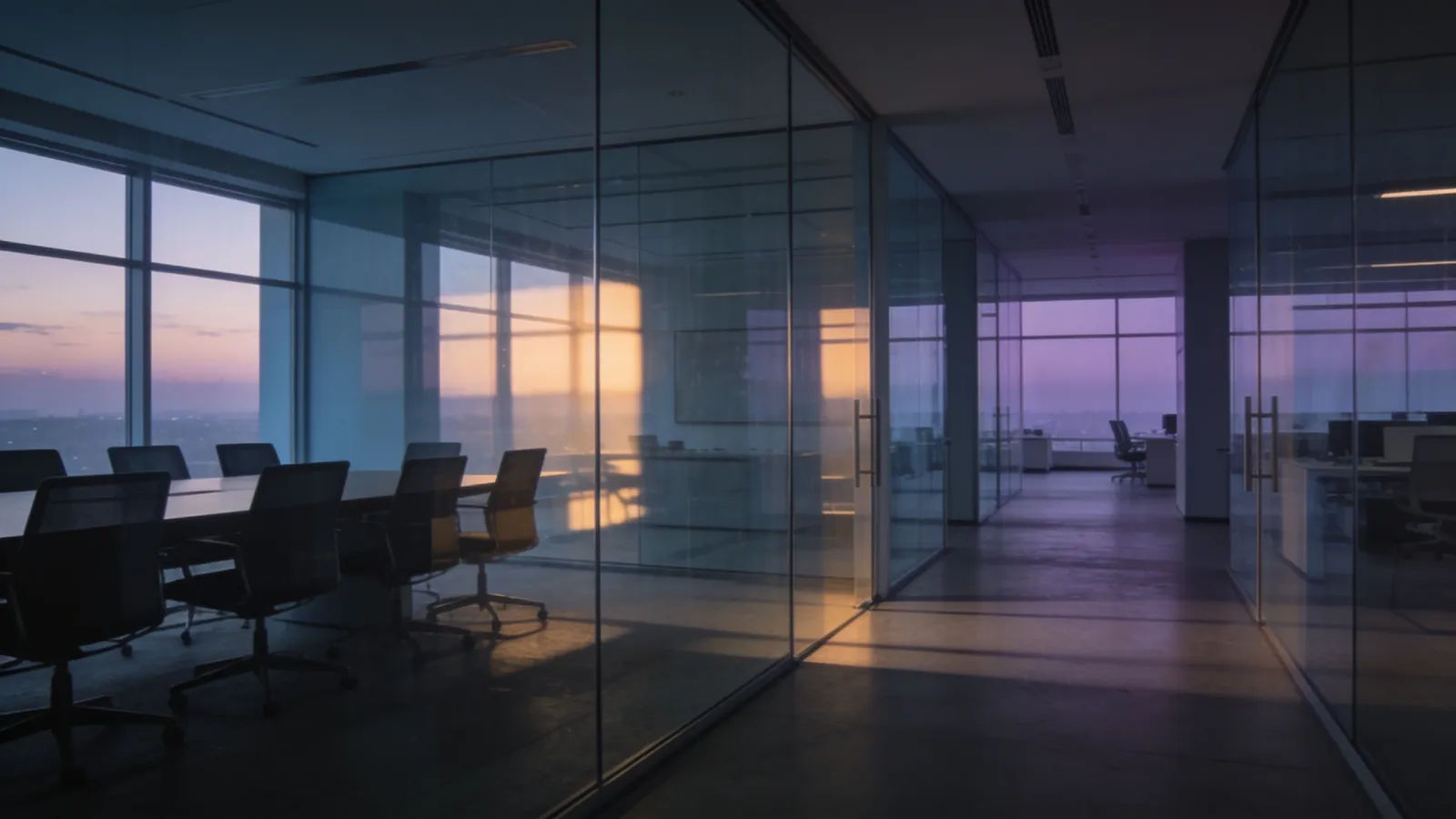 Modern corporate boardroom with glass walls at dusk