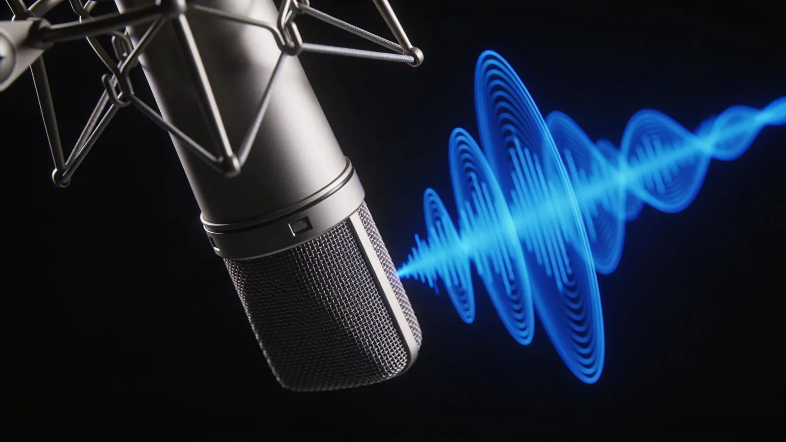 Sleek studio microphone with crisp blue soundwaves