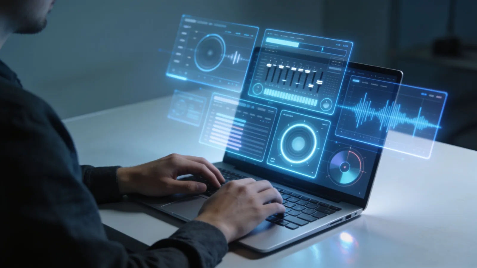 Hands at clean desk with cool audio panels