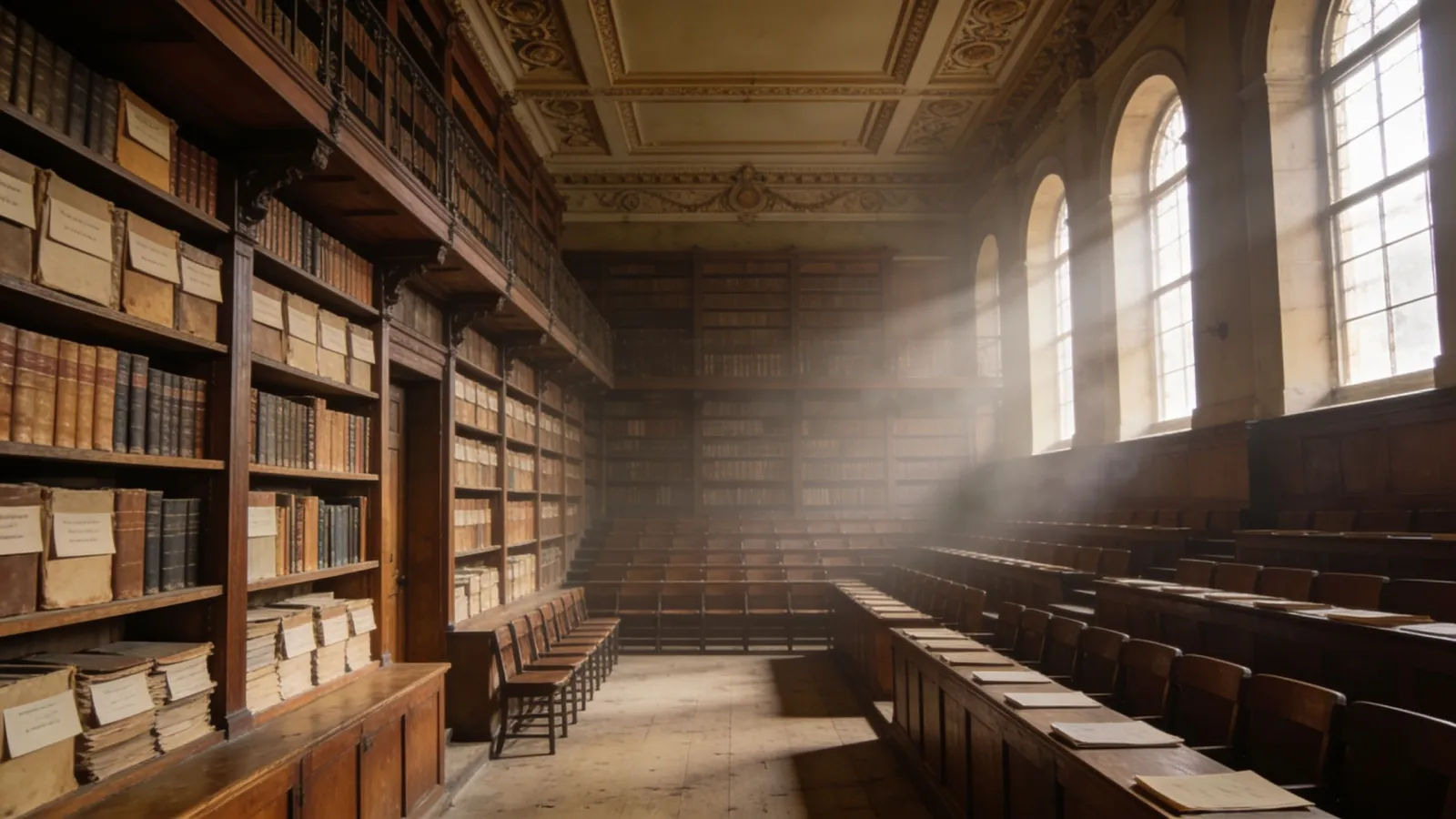 Grand lecture hall and library, wide shot