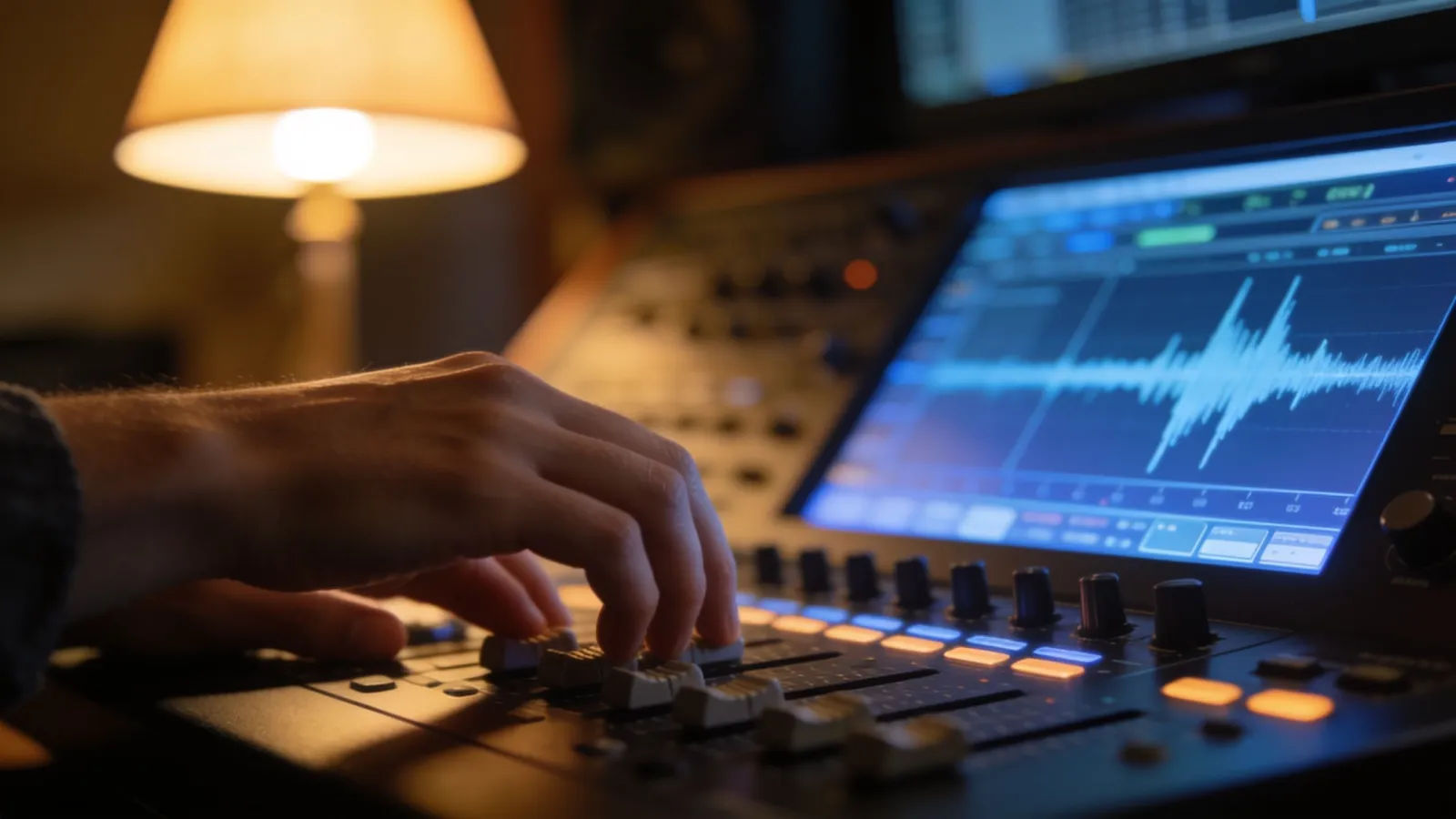 Hands at console with scholarly waveform UI