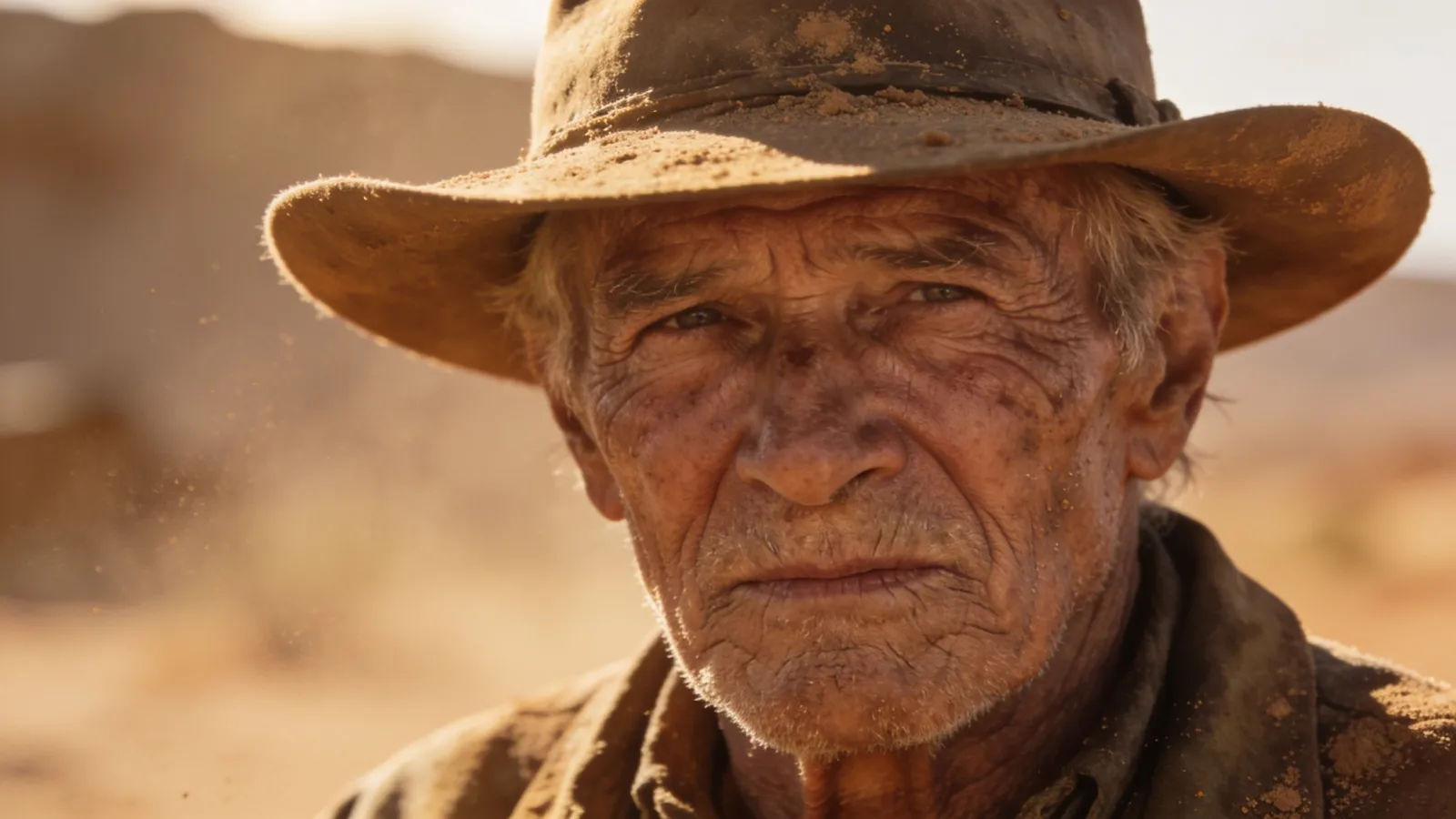 Weathered old prospector in harsh desert sunlight