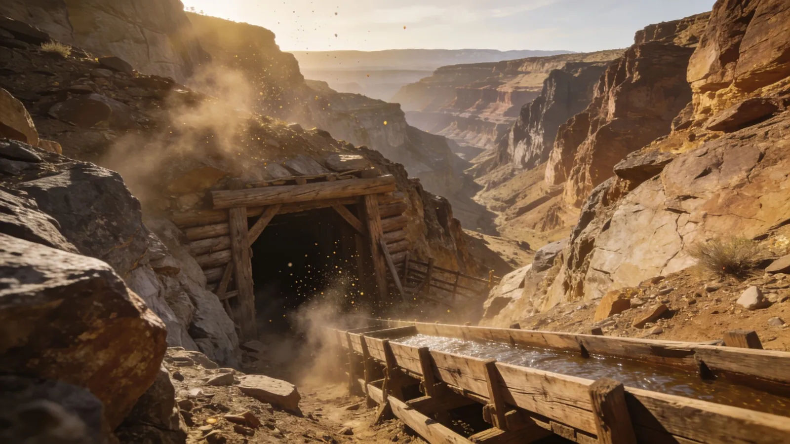 Gold-rush frontier canyon with a mine entrance