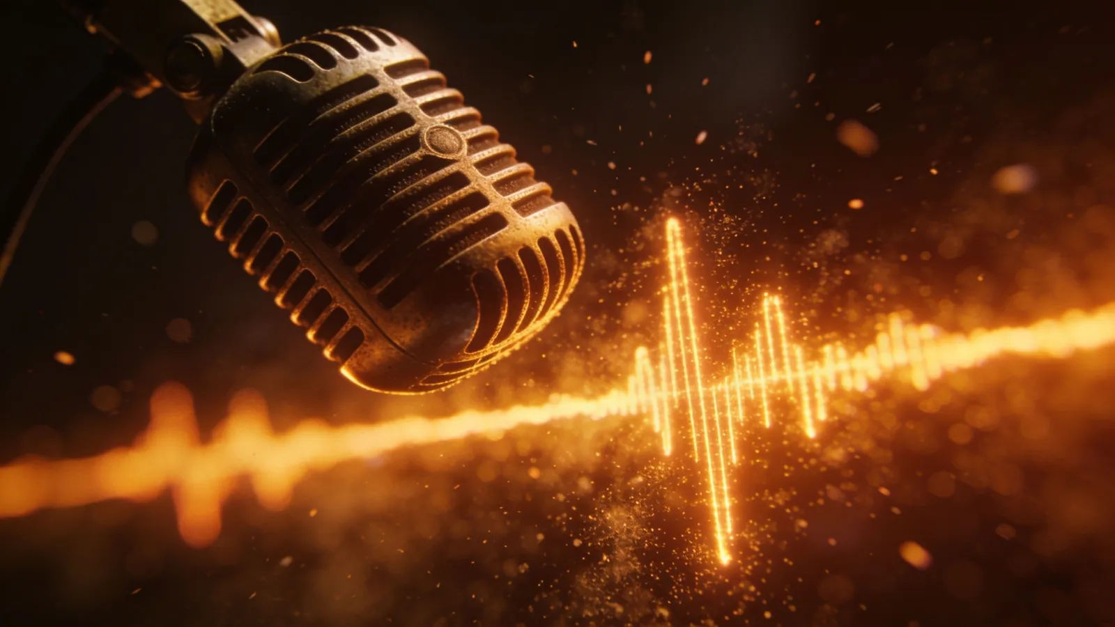 Vintage microphone over a gritty glowing waveform