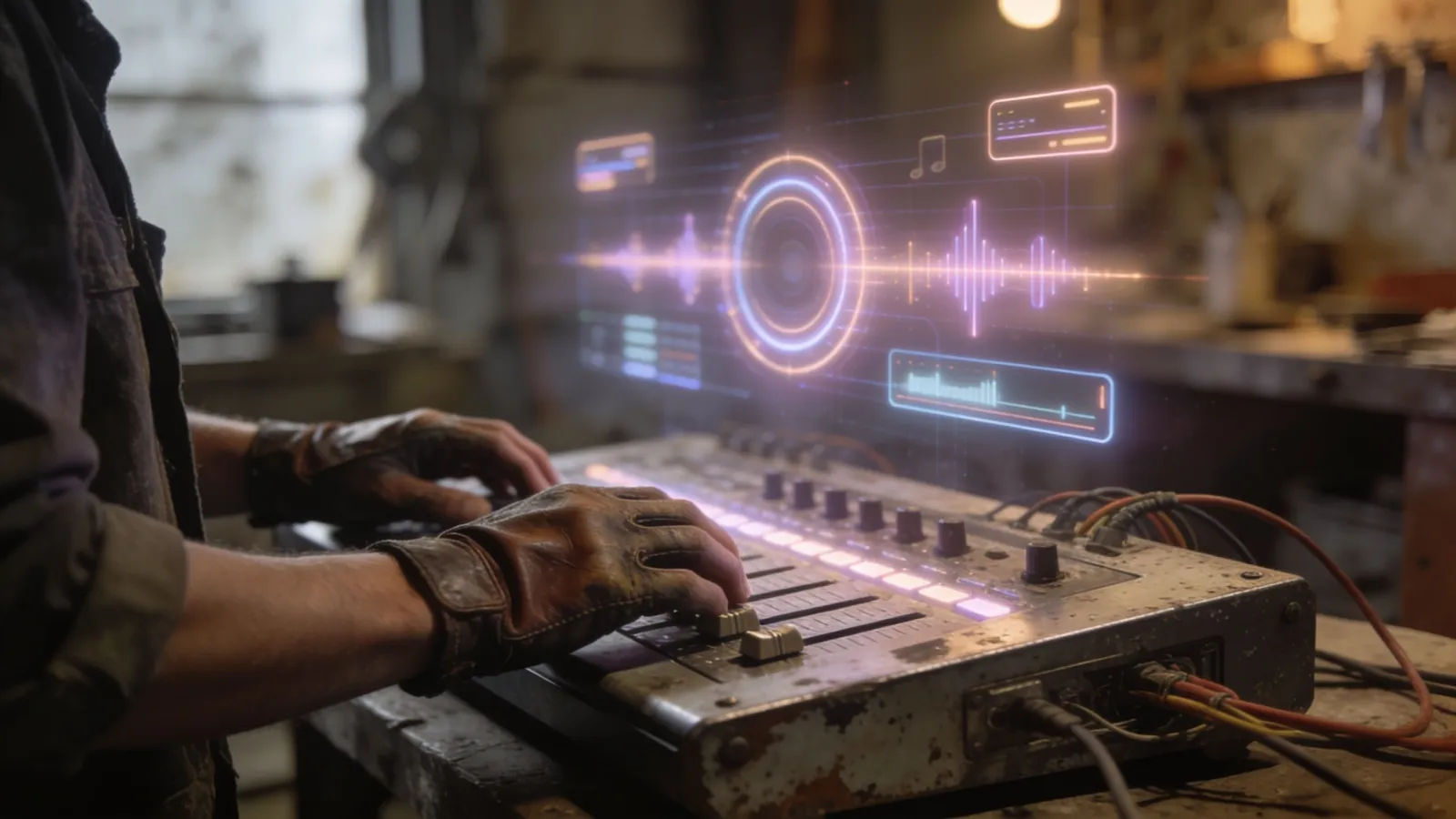 Hands at a rugged console with a glowing audio interface