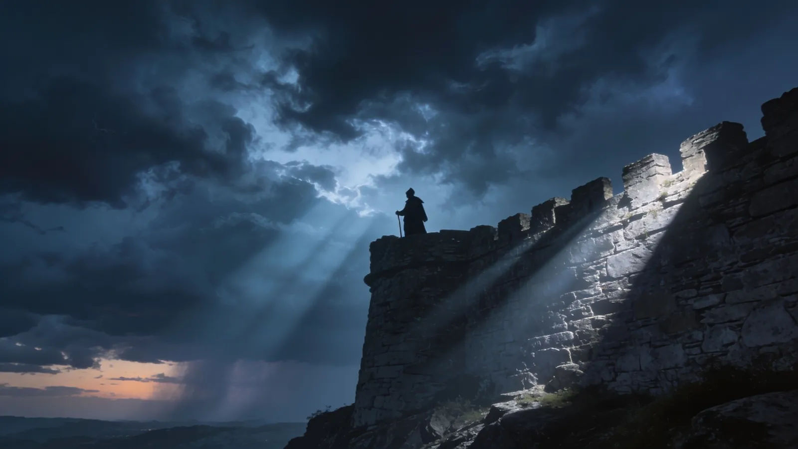 Lone guardian silhouette on a stormy rampart