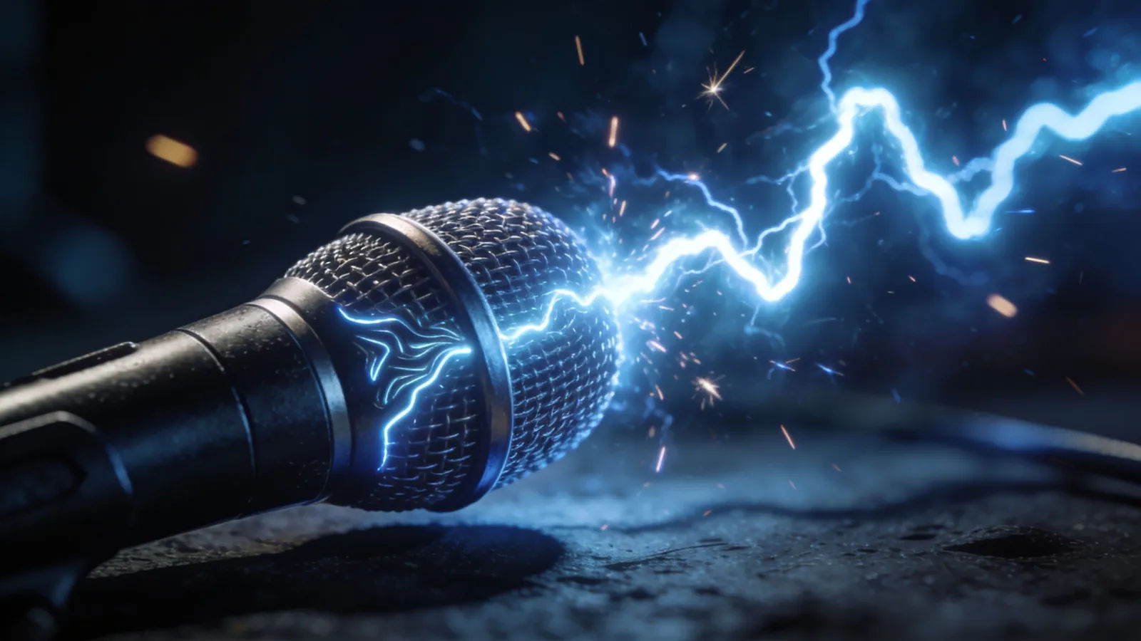 Rugged microphone with jagged surging glowing waveform