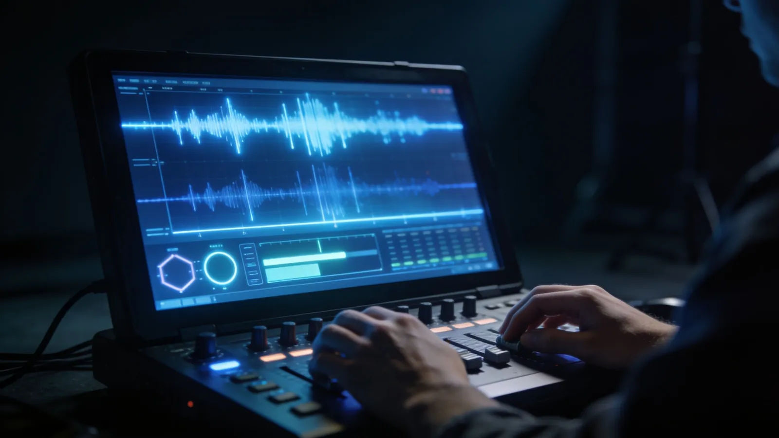 Hands at a game-audio console, cold blue glow
