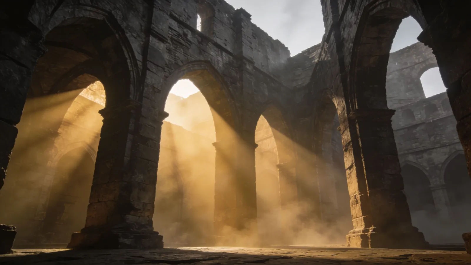 Epic stone hall with soaring arches and golden light