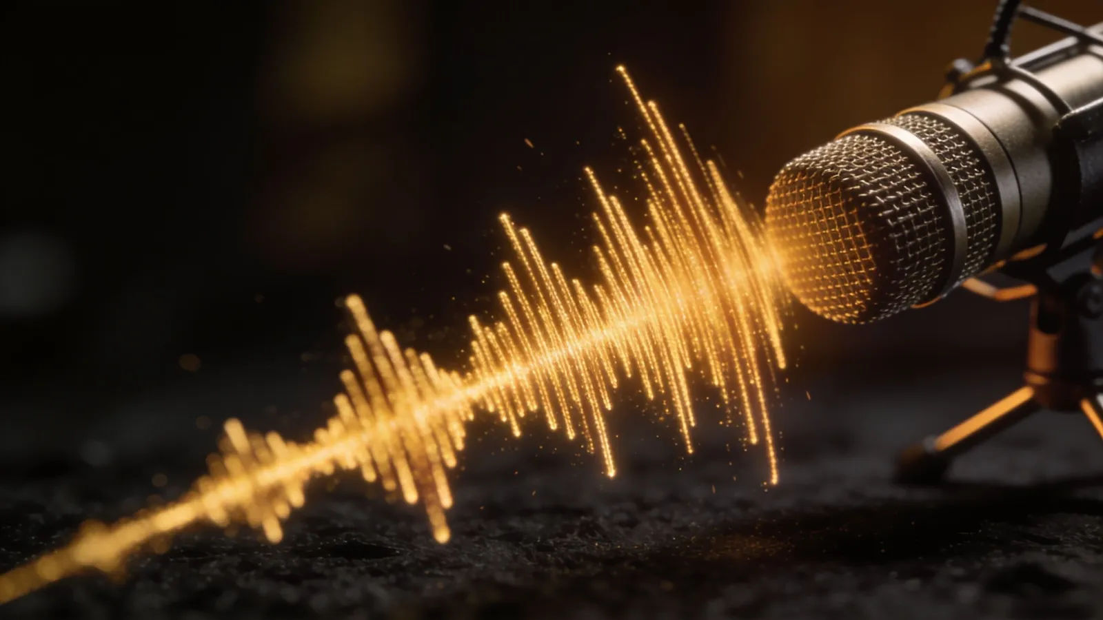 Bold golden soundwave surging beside a studio microphone