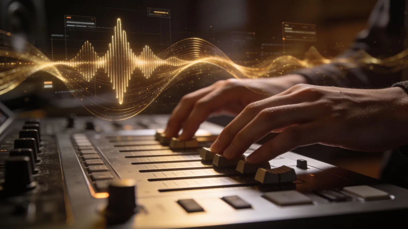 Hands on console with swelling gold waveform graphics