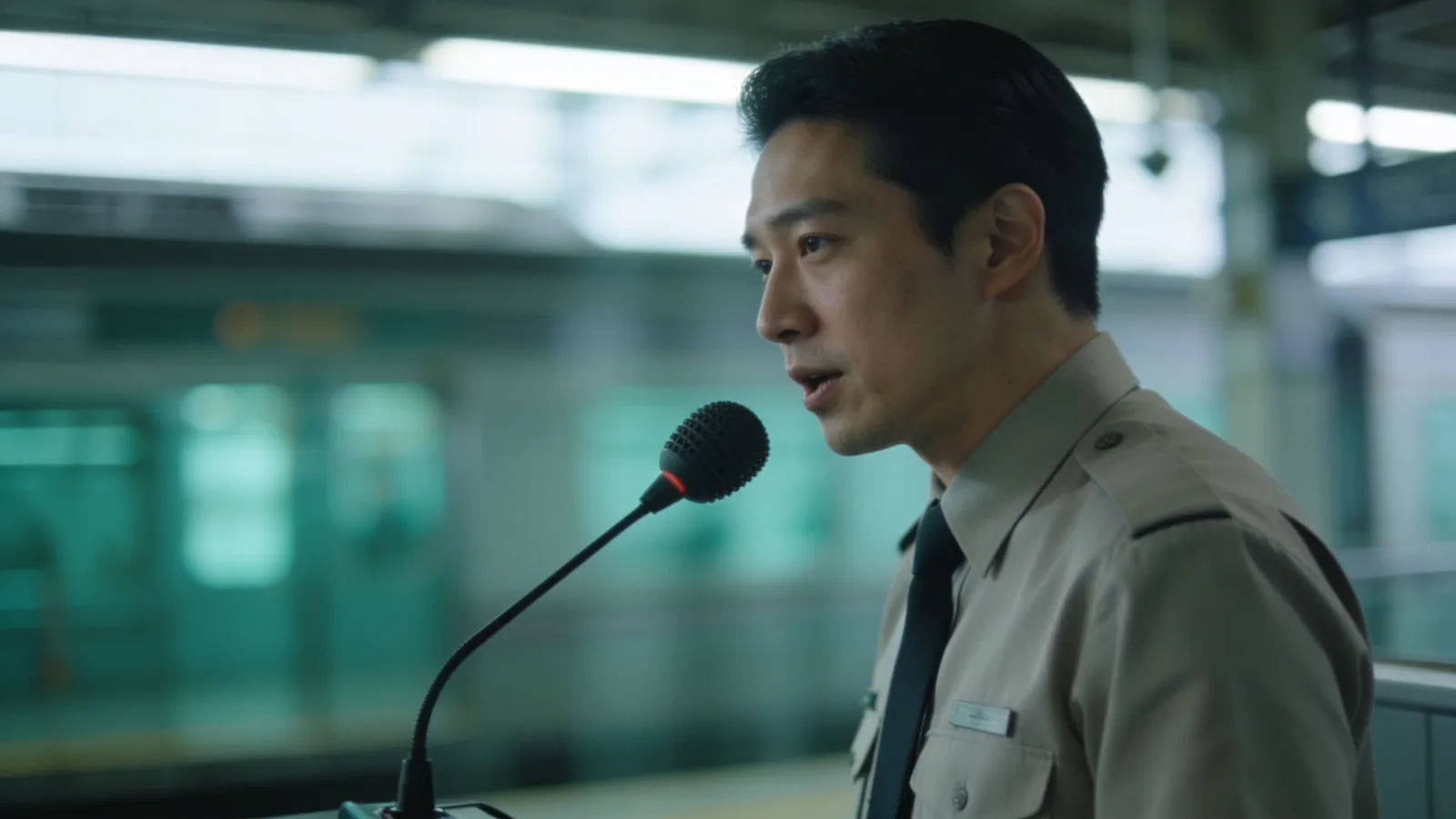 Transit announcer in neutral uniform at a PA microphone