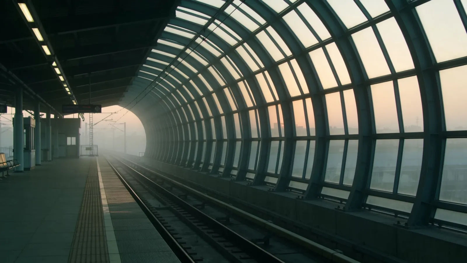 Clean modern empty train platform at dawn, wide shot