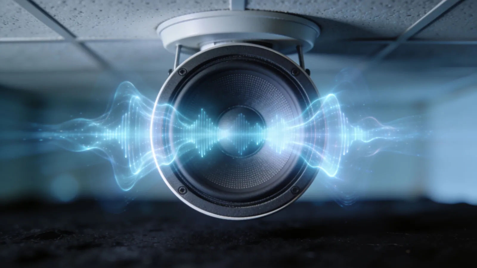 Ceiling PA speaker with a spreading glowing waveform