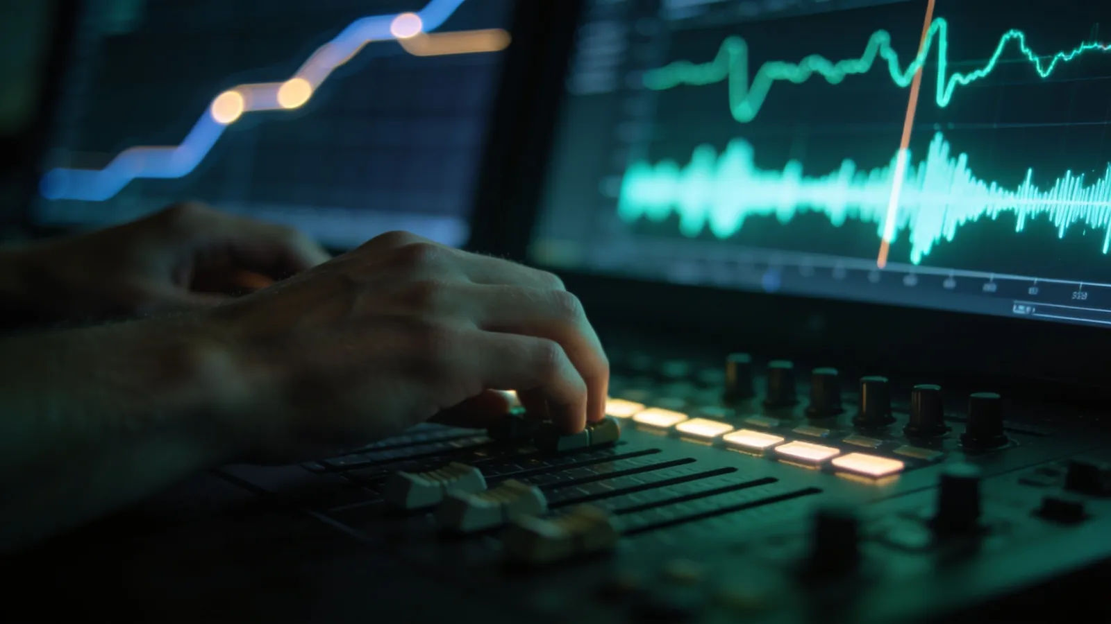 Hands at a transit control console with route-glow screens