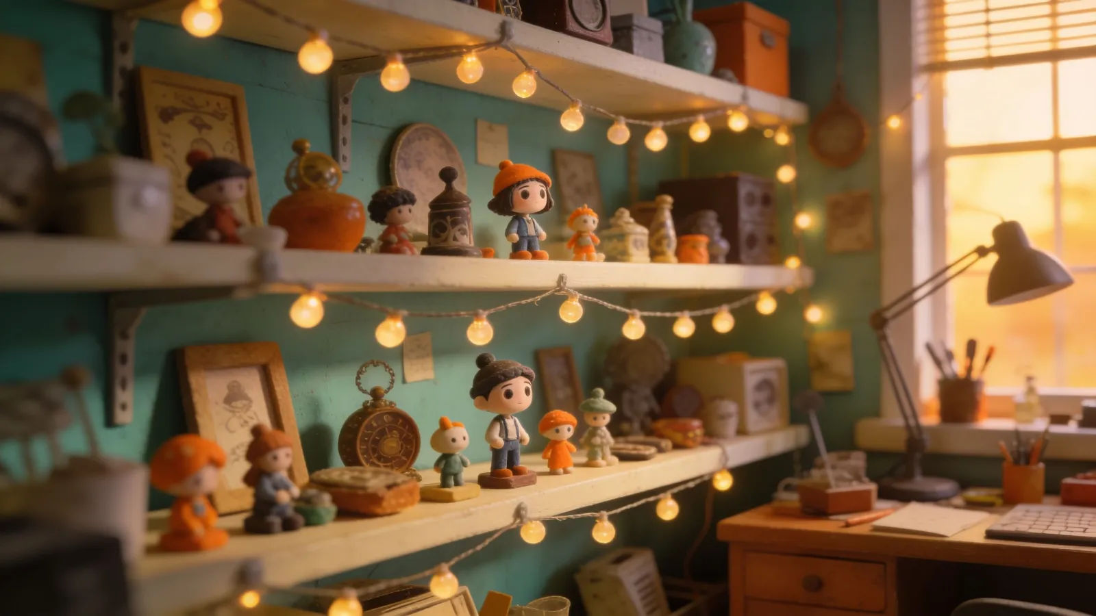 Cluttered whimsical animation studio at golden hour