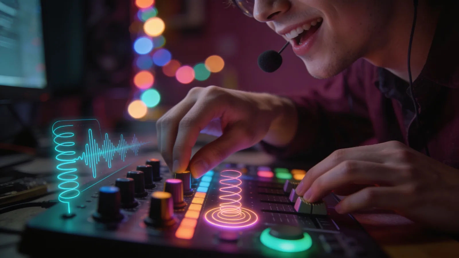 Expressive hands at colorful glowing console