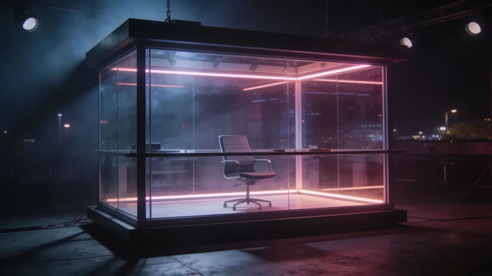 Moody on-air radio studio at night, neon-lit glass booth