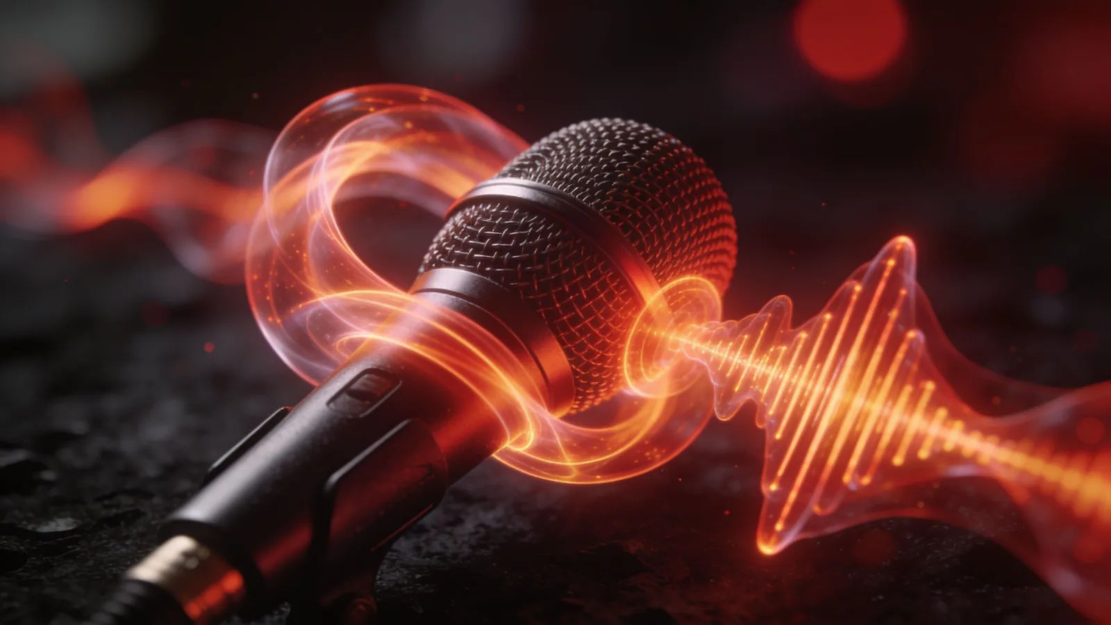 Broadcast microphone wrapped in a warm glowing waveform