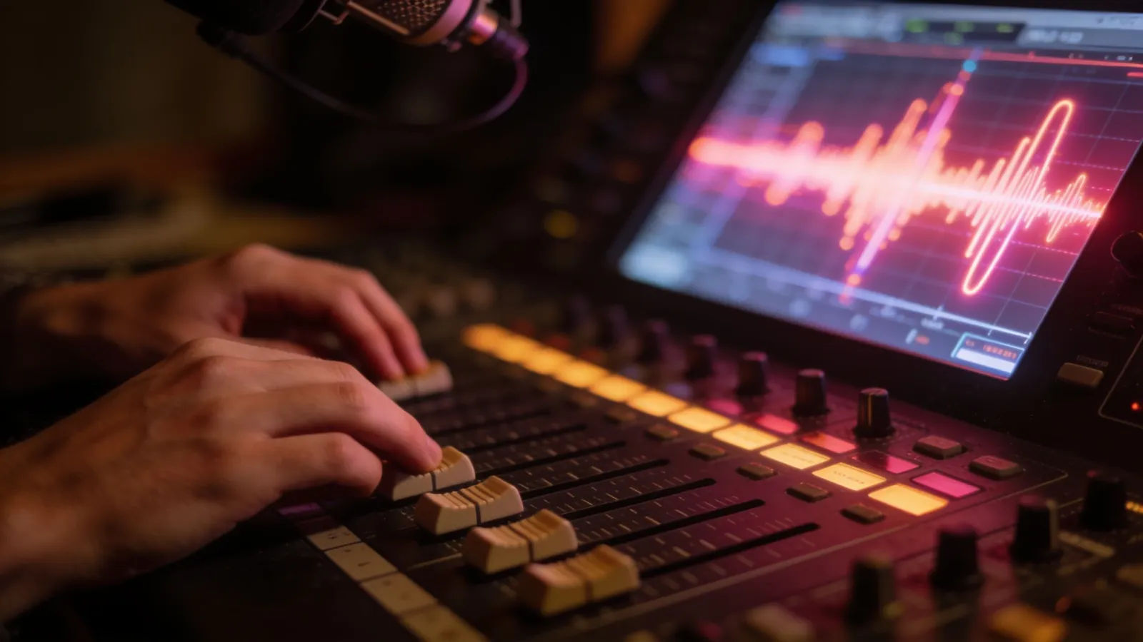 Hands on a radio mixing desk with faders and waveform UI
