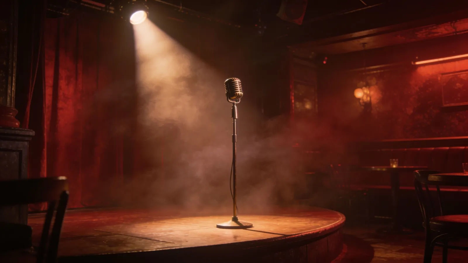 Smoky late-night lounge stage with spotlit microphone
