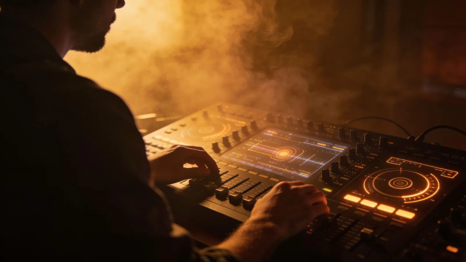 Hands on dark mixing console in smoky amber light