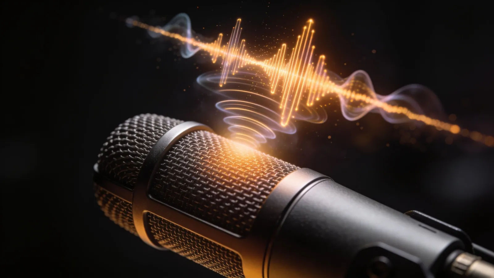 Glowing audio waveform rising from a studio microphone