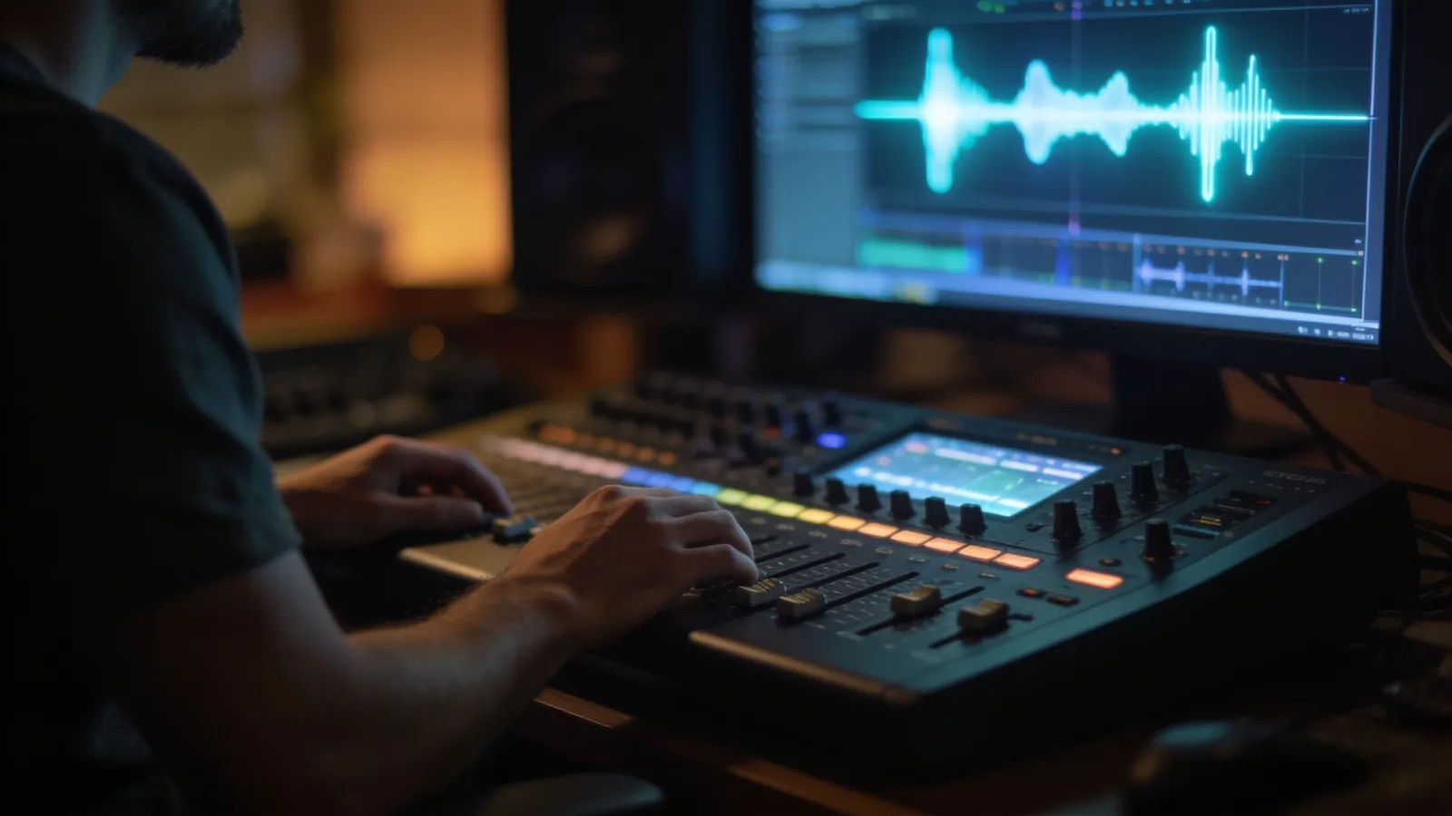 Creator at an audio console with glowing interface