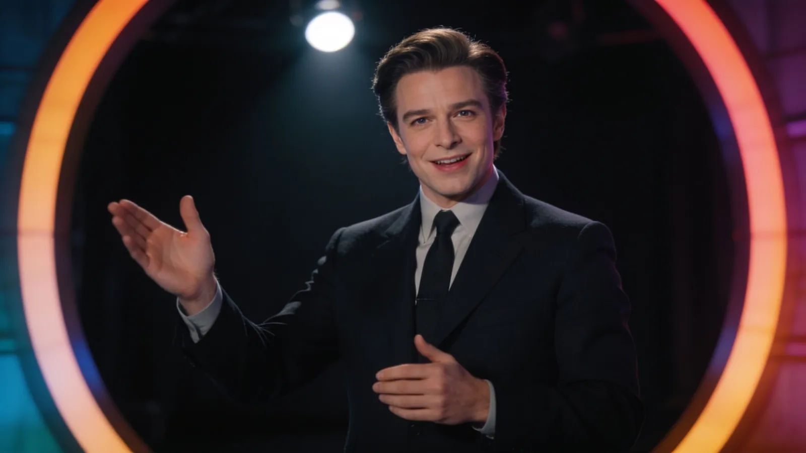 Charismatic television presenter under dramatic colored stage light