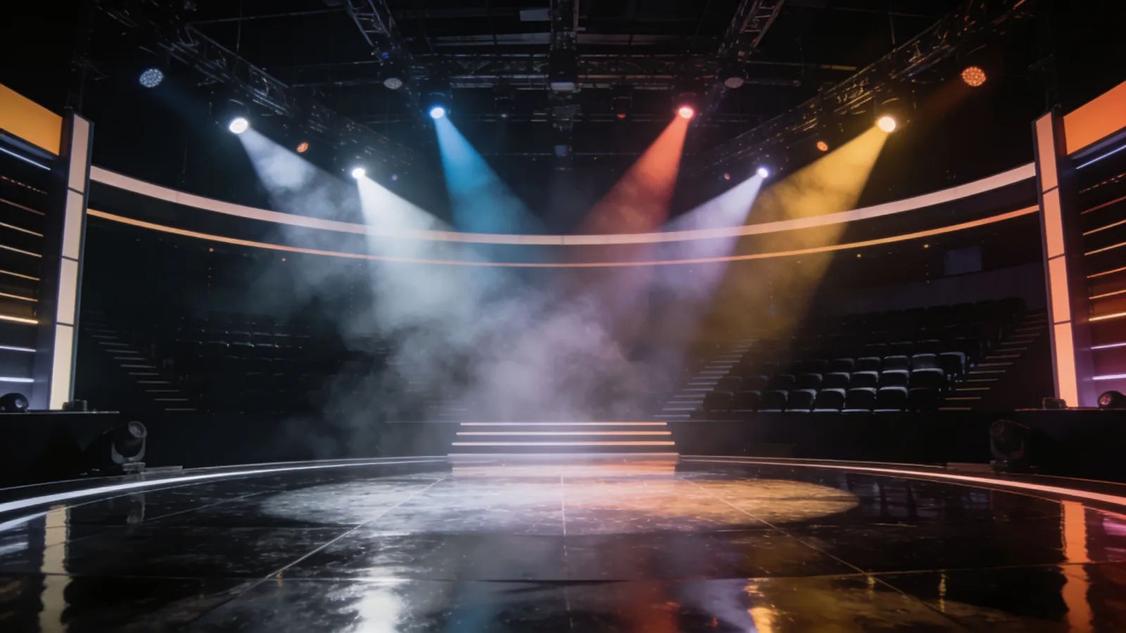 Glossy competition TV stage with dramatic colored spotlights