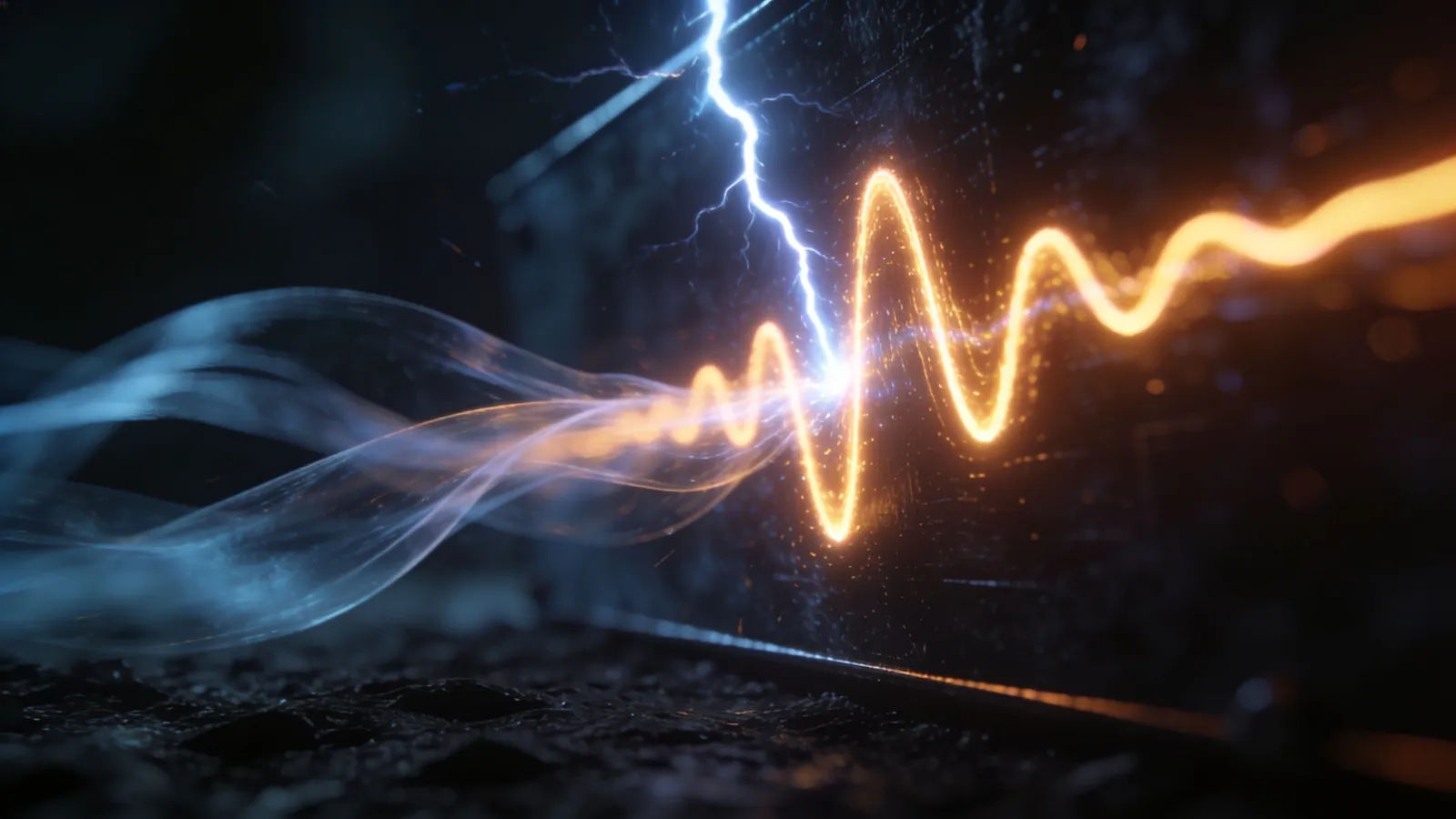 Bold glowing waveform pulse surging across dark panel