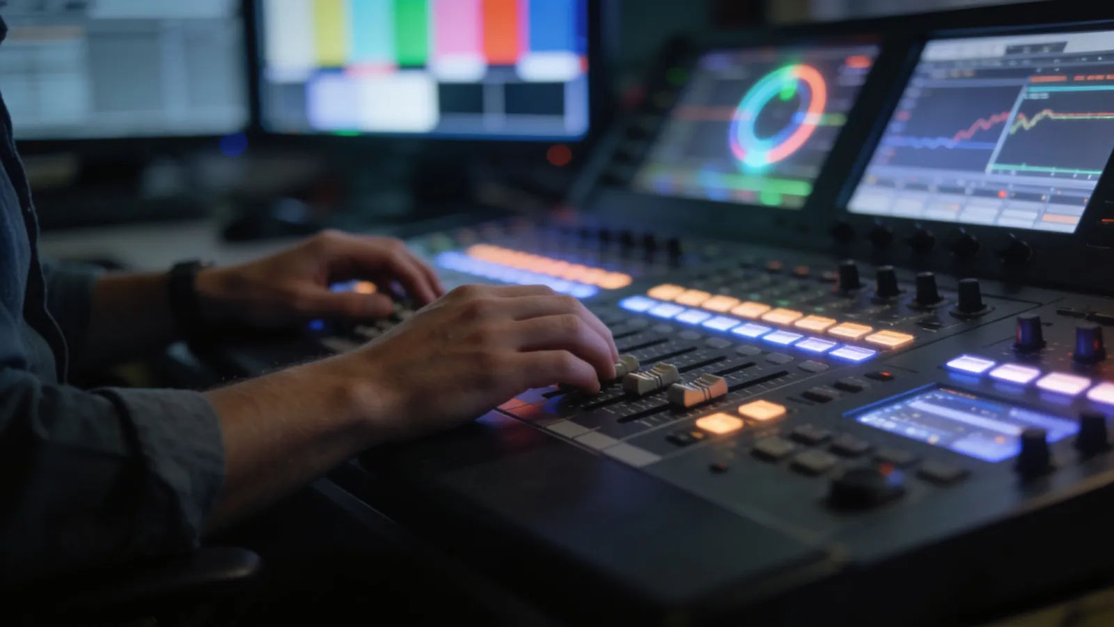 Producer at illuminated broadcast control desk in dim room