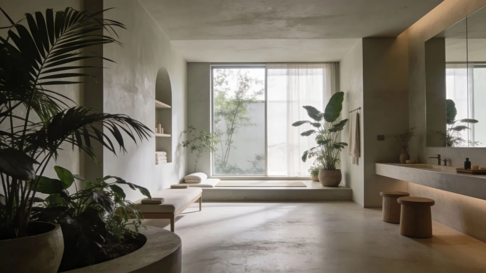 Tranquil minimalist wellness interior with soft daylight